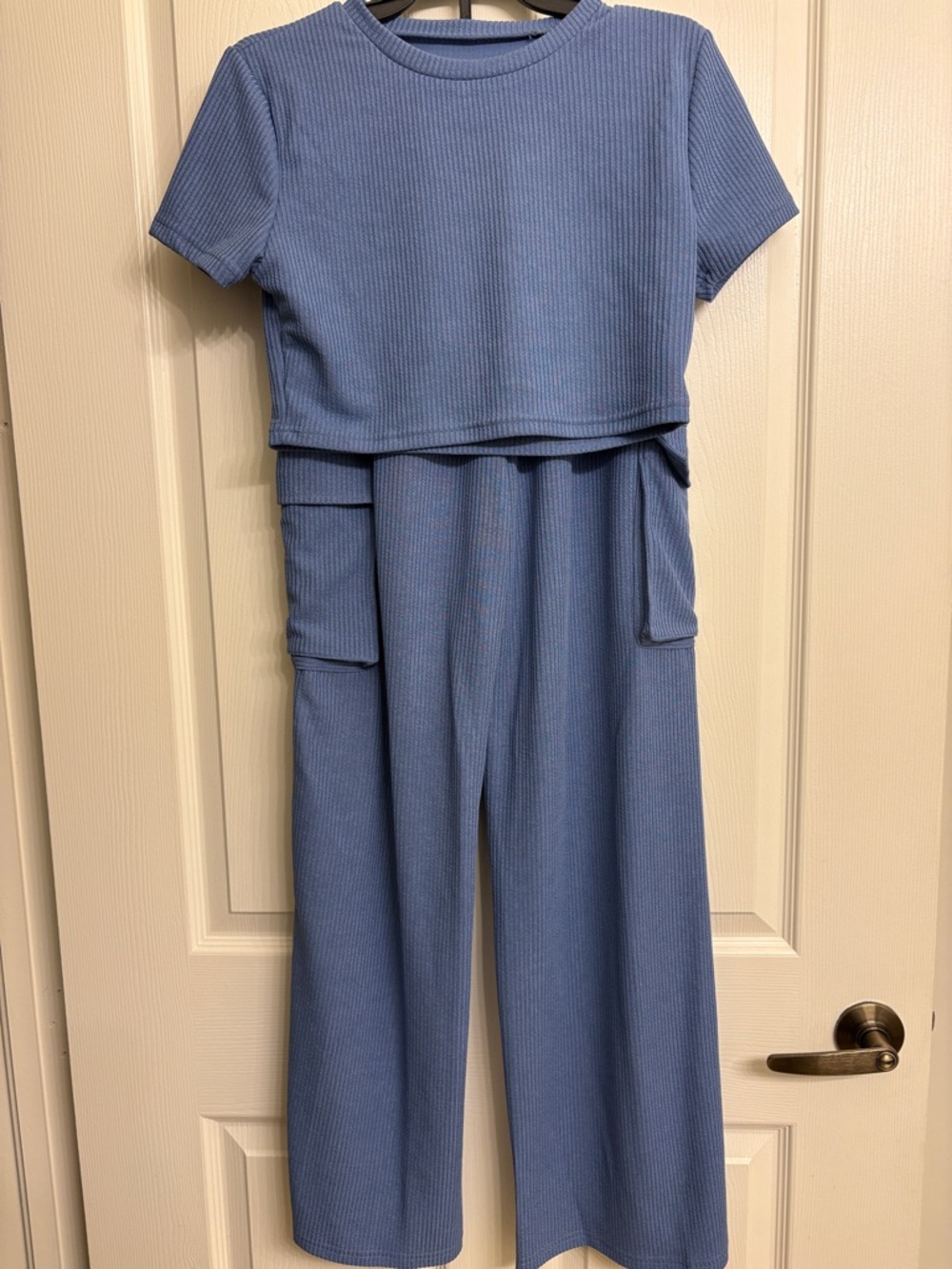 Fashion Nova Ribbed Short-Sleeve Jumpsuit in Dusty Blue